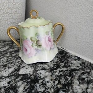 Antique Hutschenreuther Lidded‎ Sugar Bowl: Blush Roses, Gold Trim (Repaired)